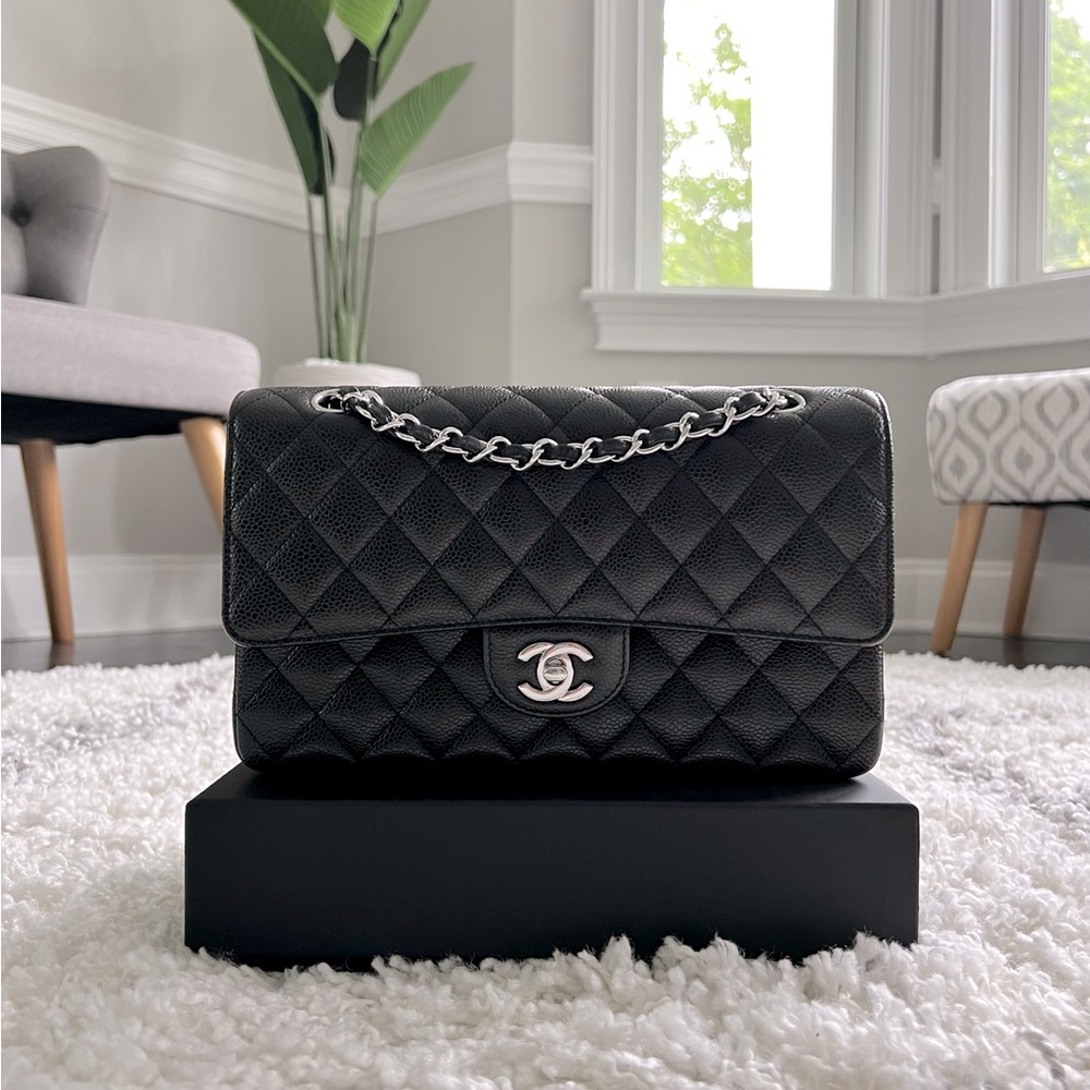 CHANEL Classic Medium Flap Bag in Black Caviar & Silver Hardware & Microchip💕